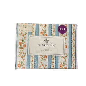 Shabby Chic Sheet Set NEW Full Floral 6 Piece Set Blue Stripe with Orange Flower